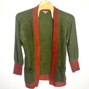 Yak & Yeti Open Front Cardigan Pockets‎ Knit Sweater Green Rust L/XL